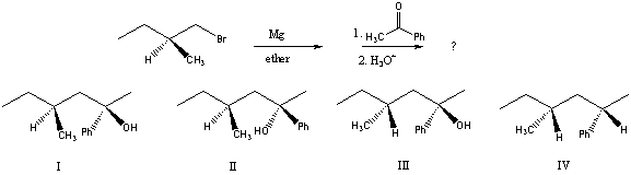 Predict the product(s) of the following reaction sequence:   A) A mixture of I and II B) A mixture of I and III C) A mixture of II and III D) A mixture of II and IV E) A mixture of III and IV