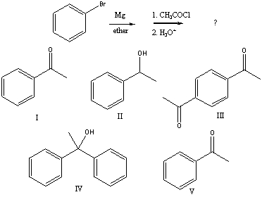 Predict the product(s) of the following reaction sequence:   A) I B) II C) III D) IV E) V