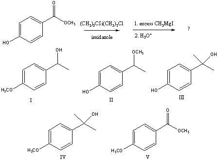 What is/are the principal product(s) formed when excess methylmagnesium iodide reacts with methyl 4-hydroxybenzoate?   A) I B) II C) III D) IV E) V