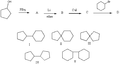 What would be the product,D,of the following reaction sequence?   A) I B) II C) III D) IV E) V