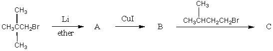 What would be the product,C,of the following reaction sequence?   A) 2,6-Dimethylheptane B) 2,2-Dimethylpropane C) 2-Methylpentane D) 2,2,5-Trimethylhexane E) 2,2,6-Trimethylheptane