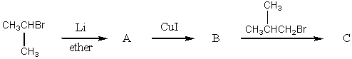 What would be the alkane C that is the product of the following reaction sequence?   A)    B)    C)    D)    E)   