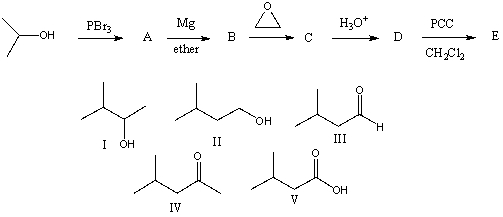 The final product,E,in the following reaction sequence is,   A) I B) II C) III D) IV E) V