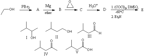 The final product,E,in the following reaction sequence is,     A) I B) II C) III D) IV E) V