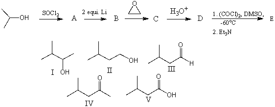 The final product,E,in the following reaction sequence is,   A) I B) II C) III D) IV E) V