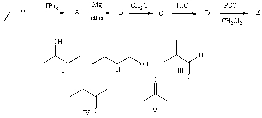 The final product,E,in the following reaction sequence is,   A) I B) II C) III D) IV E) V