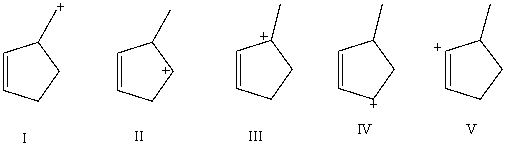 Which carbocation would be most stable?   A) I B) II C) III D) IV E) V