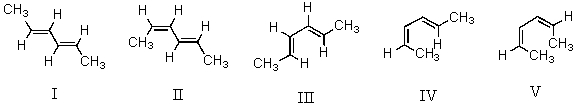 Considering both configurational and conformational factors,select the least stable form of 2,4-hexadiene.   A) I B) II C) III D) IV E) V