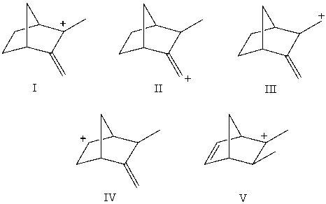 Arrange these carbocations in order of expected increasing stability.   A) V < II < I < IV < III B) V < I < II < IV < III C) IV <I < II < V < III D) IV < III < I < II < V E) II < III < IV < V < I