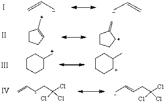 Which is not an example of resonance?   A) I B) II C) III D) IV E) None of these choices are examples of resonance.