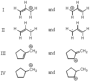 Which pair does not represent a pair of resonance structures?   A) I B) II C) III D) IV E) All of these choices represent pairs of resonance structures.