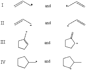 Which pair does not represent a pair of resonance structures?   A) I B) II C) III D) IV E) All of these choices represent pairs of resonance structures.