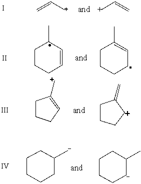 Which pair does not represent a pair of resonance structures?   A) I B) II C) III D) IV E) All of these choices represent pairs of resonance structures.