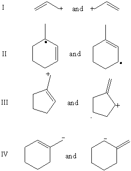 Which pair does not represent a pair of resonance structures?   A) I B) II C) III D) IV E) All of these choices represent pairs of resonance structures.