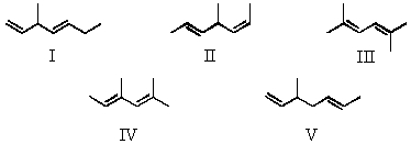 Select the structure(s) of the conjugated diene(s) .   A) I and II B) II and III C) III and IV D) I,II and V E) V