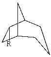 The substituent R on the bicyclic compound shown is considered to be?   A) axial B) equatorial C) endo D) exo E) Trans