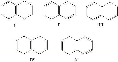 Which alkene would you expect to have the lowest heat of hydrogenation?   A) I B) II C) III D) IV E) V