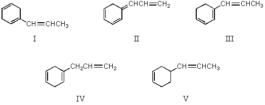 Which compound would have a UV absorption band at longest wavelength?   A) I B) II C) III D) IV E) V
