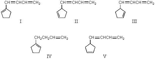 Which compound would have a UV absorption band at longest wavelength?   A) I B) II C) III D) IV E) V