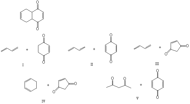 Which of the following pairs of compounds could be used as the basis for a Diels-Alder synthesis of the compound shown below?   A) I B) II C) III D) IV E) V
