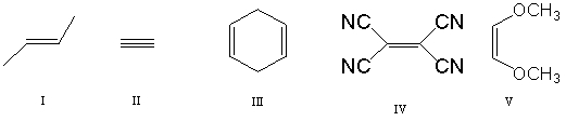 Which of the following dieneophiles is most reactive in a Diels-Alder reaction:   A) I B) II C) III D) IV E) V