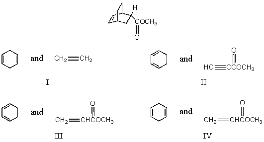 Which diene and dienophile would you choose to synthesize the following compound?   A) I B) II C) III D) IV E) None of these choices.