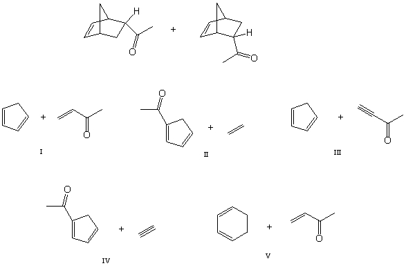 Which diene and dienophile would you choose to synthesize the following compound?   A) I B) II C) III D) IV E) None of these choices.
