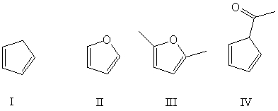 Which of these conjugated dienes can undergo a Diels-Alder reaction?   A) I B) II C) III D) IV E) All of these choices.
