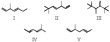 Which of these dienes can undergo a Diels-Alder reaction?   A) I and V B) I,II and V C) III D) IV E) III and IV