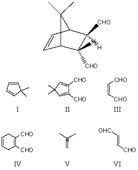 Which diene and dienophile would you choose to synthesize the following compound?       A) I and VI B) II and V C) III and IV D) IV and V E) I and III