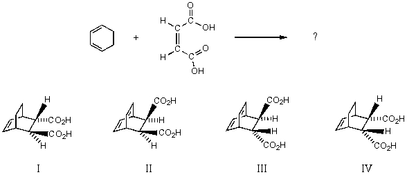 Which is the major product of the following reaction?   A) I + enantiomer B) II C) III + enantiomer D) IV E) None of these choices.