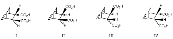 Which is the major product of the following reaction?     A) I + enantiomer B) II C) III + enantiomer D) IV E) None of these choices.