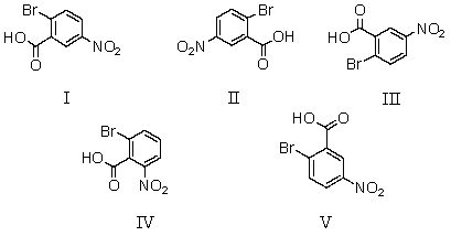Which of the following is NOT 2-bromo-5-nitrobenzoic acid?   A) I B) II C) III D) IV E) V