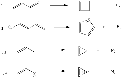 Which cyclization(s) should occur with a decrease in pi-electron energy?   A) I B) II C) III D) IV E) All of these choices.