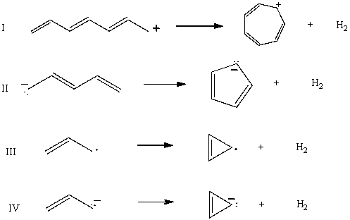 Which cyclization(s) should occur with an increase in pi-electron energy?   A) I B) II C) III D) IV E) All of these choices.