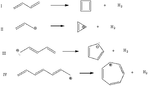 Which cyclization(s) should occur with an increase in pi-electron energy?   A) I B) II C) III D) IV E) All of these choices.