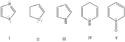 Which of these is an aromatic molecule?   A) I B) II C) III D) IV E) V