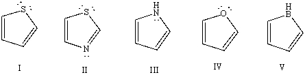 Which compound would you NOT expect to be aromatic?   A) I B) II C) III D) IV E) V