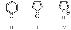  In which case does an unshared pair of electrons NOT contribute to the  \pi  aromatic system?     A) I B) II C) III D) IV E) None of these choices. 