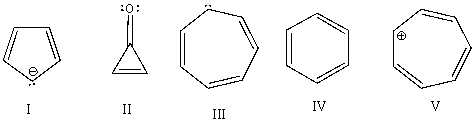 Which of the following would you expect to be antiaromatic?   A) I B) II C) III D) IV E) V