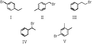  Which of the following substances,formula C<sub>8</sub>H<sub>9</sub>Br,might exhibit the following <sup>1</sup>H NMR spectrum?  singlet, \delta  2.45 Singlet, \delta  2.5 Multiplet, \delta  7.35   A) I B) II C) III D) IV E) V 