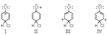 Which of the following structures contribute(s) to the resonance hybrid of the intermediate formed when chlorobenzene undergoes para-chlorination?   A) I B) II C) III D) IV E) All of these choices.