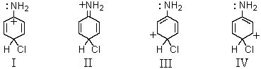 Which of the following contributors to the resonance stabilized hybrid formed when aniline undergoes para-chlorination would be exceptionally stable?   A) I B) II C) III D) IV E) None of these choices.