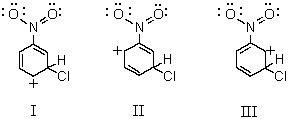 Which of the following structures does not contribute to the resonance hybrid of the intermediate formed when nitrobenzene undergoes meta-chlorination?   A) I B) II C) III D) None of these contribute. E) All of these contribute.