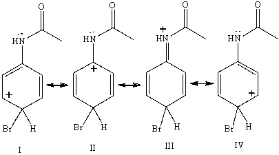 Consider the resonance forms shown for the arenium ionformed from the bromination of acetanilide.Which resonance form contributes most to the overall resonance hybrid?   A) I B) II C) III D) IV E) All contribute equally.