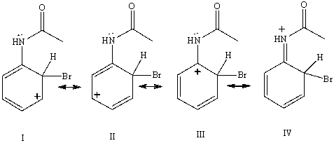 Consider the resonance forms shown for the arenium ionformed from the bromination of acetanilide.Which resonance form contributes most to the overall resonance hybrid?   A) I B) II C) III D) IV E) All contribute equally.