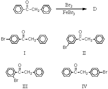 The major product(s) ,D,of the following reaction,   would be: A) I B) II C) III D) IV E) Approximately equal amounts of I and II.