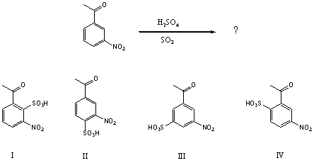 What would be the major product(s) of the following reaction?   A) I B) II C) III D) Equal amounts of I and IV. E) Equal amounts of II and IV.