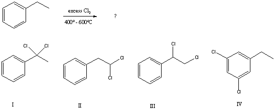 The major product(s) of the following reaction,   A) I B) II C) A mixture of I and II. D) III E) IV