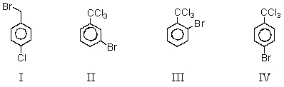 When toluene is reacted in turn with 1) Cl<sub>2</sub> (large excess) ,heat,and light and 2) Br<sub>2</sub>,FeBr<sub>3</sub>,the chief product is:   A) I B) II C) III D) IV E) A mixture of III and IV.